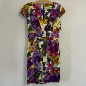 Calvin Klein Sheath Dress Floral Print Purple Yellow Cap Sleeve V-Neck Stretch 4
